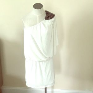 Off-shoulder, asymmetrical, white mini